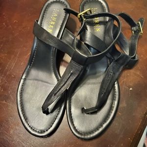 Ralph Lauren black leather strappy wedge sandals